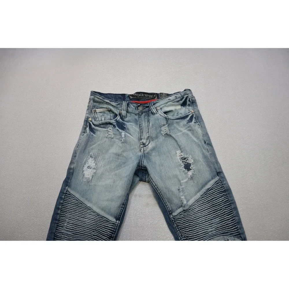 Heritage America Moto Jeans Mens 32x33 Blue Distressed Biker Slim Fit Excellent